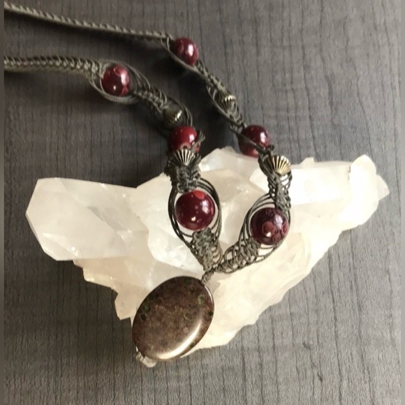 Handcrafted Dragons Blood Gemstone Beaded Macrame Necklace - Picture 5 of 12